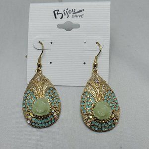 Bijou Drive art deco gold turquoise stones with light green flower fish hook